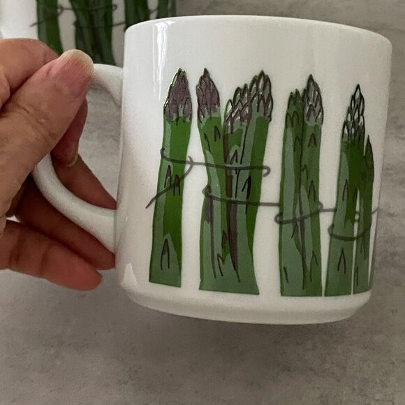Vintage Green Asparagus Spears White Ceramic HBBZ Brand Coffee Mugs Set Four - Picture 6 of 8